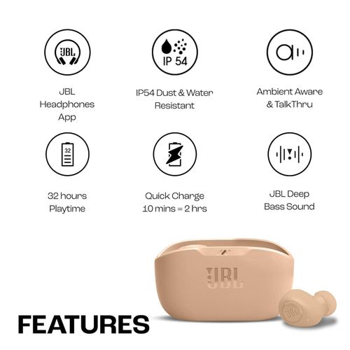 Jbl WAVE BUDS TRUE WIRELESS EARBUDS UP TO 8 HOURS OF PLAYBACK TIME,PASSIVE NOISE-ISOLATING DESIGN,WATER AND DUST RRESISTANT
