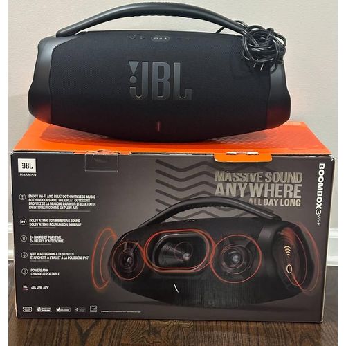 Jbl Boombox 3 Wi-Fi Streaming And Bluetooth Portable Speaker, Deep Bass, 3-Way Speaker, 24H Battery, 3D Dolby Atmos, Dust & Waterproof, Built-In Charger, Chromecast, Airplay Alexa,Party Boost Black