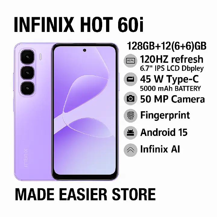 Infinix Hot 60i 128GB+12(6+6)GB 6.7" 120Hz Screen 4G Phone Dual SIM 5160mAh Battery 45W Charging 50MP Camera Fingerprint Lock Android 15 G81 Smart AI smart Phones