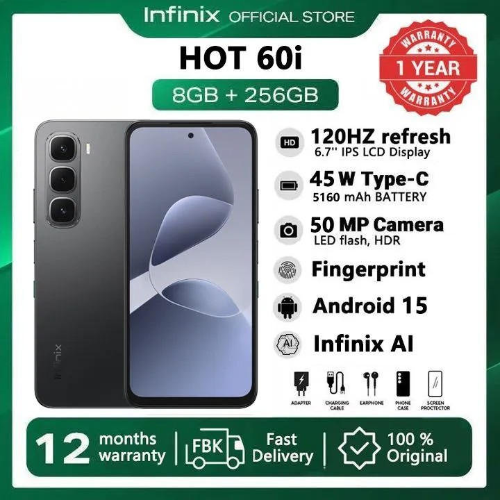 Infinix Hot 60i 128GB+12(6+6)GB 6.7" 120Hz Screen 4G Phone Dual SIM 5160mAh Battery 45W Charging 50MP Camera Fingerprint Lock Android 15 G81 Smart AI smart Phones