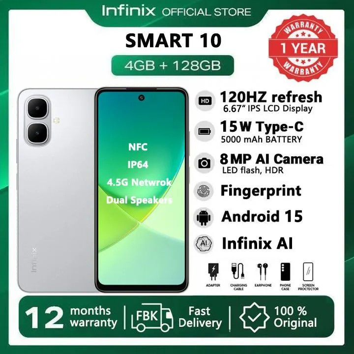 [New Arrivals] Infinix SMART 10 128GB + 8(4+4)GB 6.67" 120Hz Display Dual Speakers Dual SIM 4.5G Network 5000mAh Battery With 15W Charging NFC IP64 Fingerprint Lock Android 15 AI Smart Phones