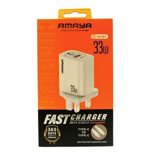 Amaya HU301 33W Fast Charger | PD3.0 + QC3.0 Type-C Adapter with Type-C to Type-C Cable .can charge at a very fast rate less than an hour to full charge