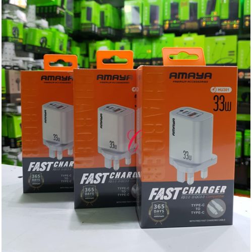 Amaya HU301 33W Fast Charger | PD3.0 + QC3.0 Type-C Adapter with Type-C to Type-C Cable .can charge at a very fast rate less than an hour to full charge