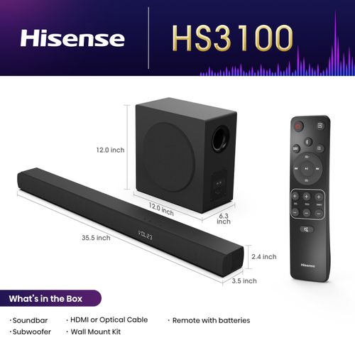 Hisense HS3100 480W TOTAL OUTPUT POWER, 6.5”WIRELESS SUBWOOFER, 3.1CH Wireless Soundbar.Has a superb bass system with a very good clarity equilized sound system.