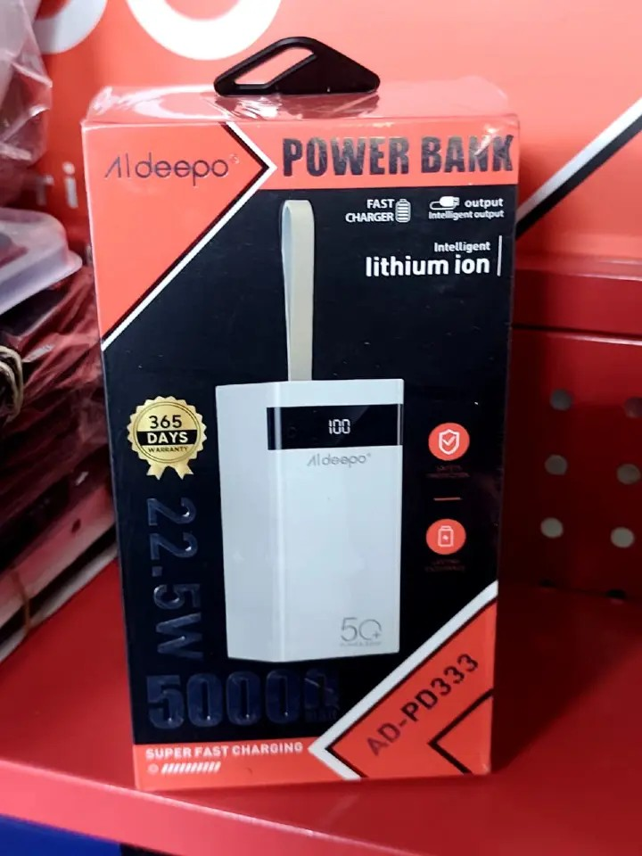 Aldeepo 50,000 mAh Super fast Powerbank Super Fast Charging Super LED Dual Cables Type B iphone cable Type C cable