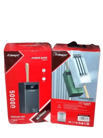 Aldeepo 50,000 mAh Super fast Powerbank Super Fast Charging Super LED Dual Cables Type B iphone cable Type C cable