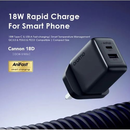 Oraimo Can-non 18D 18W Wall Charger Kit +type C Cable with dual output and a type c port. Rapid charge ,smart temperature management