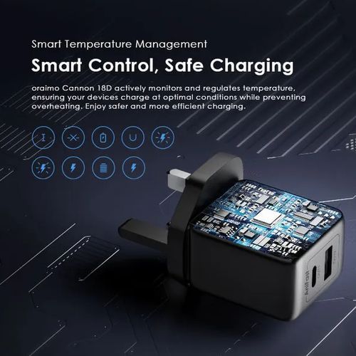 Oraimo Can-non 18D 18W Wall Charger Kit +type C Cable. With dual outputs and a type c port. smart temperature management. super fast charging for all models of phone