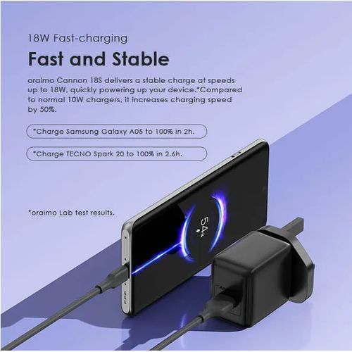 Oraimo Can-non 18D 18W Wall Charger Kit +type C Cable. With dual outputs and a type c port. smart temperature management. super fast charging for all models of phone
