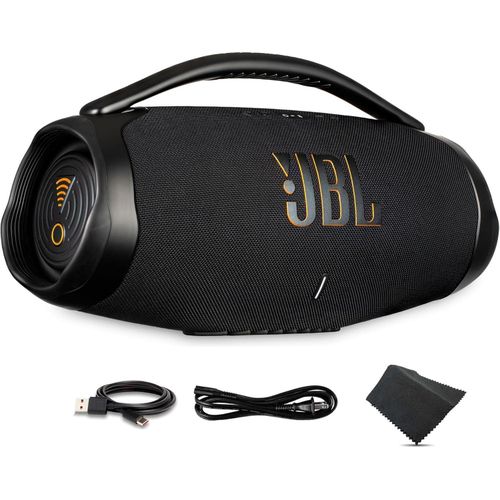 Jbl Boombox 3 WiFi Portable Bluetooth Speaker (Black) Party Ready Outdoor Sound IP67 Waterproof Multi Room Wi Fi & True Wireless Stereo USB C Cable Microfiber Cloth
