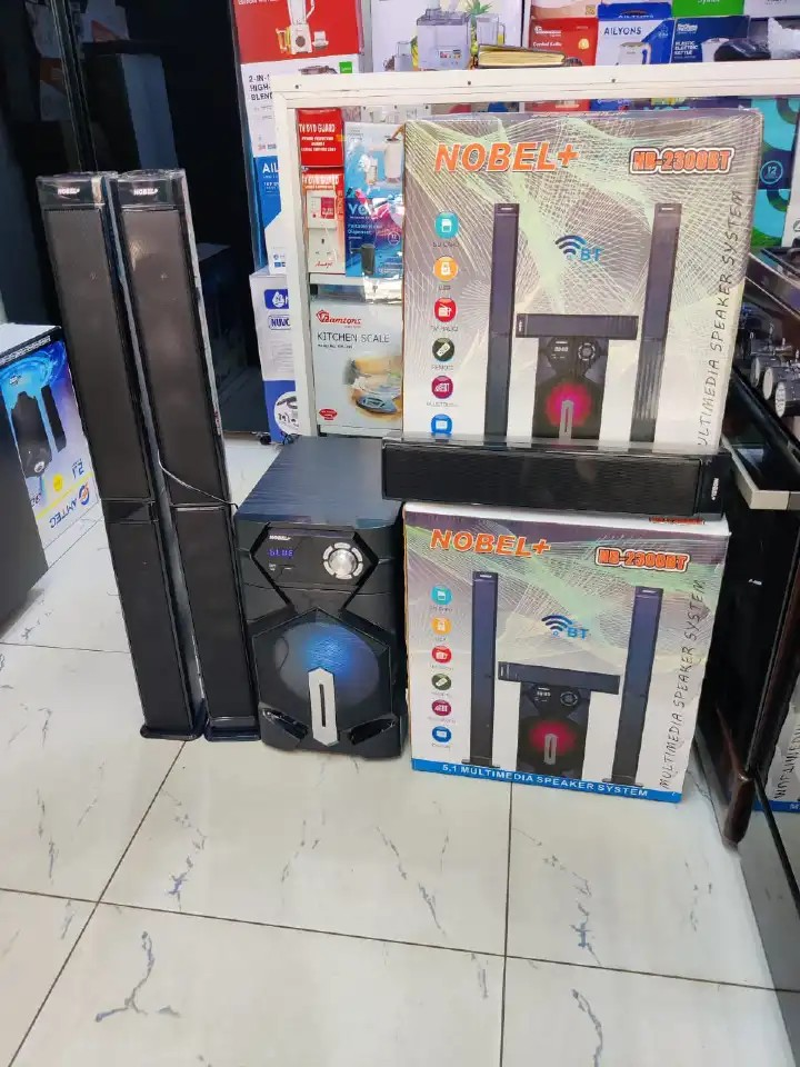 Nobel 5.1CH HOMETHEATER Bass Tallboy Speaker System, model NB-2300 55000W PMPO output Bluetooth connectivity USB port and FM radio Compatibility with PS5 Super bass capability