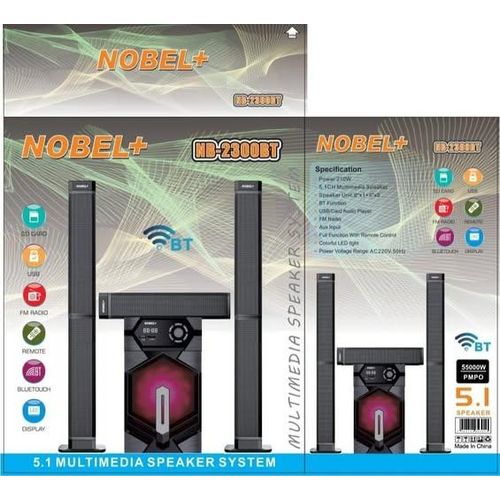 Nobel 5.1CH HOMETHEATER Bass Tallboy Speaker System, model NB-2300 55000W PMPO output Bluetooth connectivity USB port and FM radio Compatibility with PS5 Super bass capability