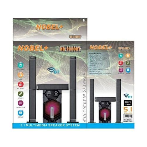 Nobel 5.1CH HOMETHEATER Bass Tallboy Speaker System, model NB-2300 55000W PMPO output Bluetooth connectivity USB port and FM radio Compatibility with PS5 Super bass capability