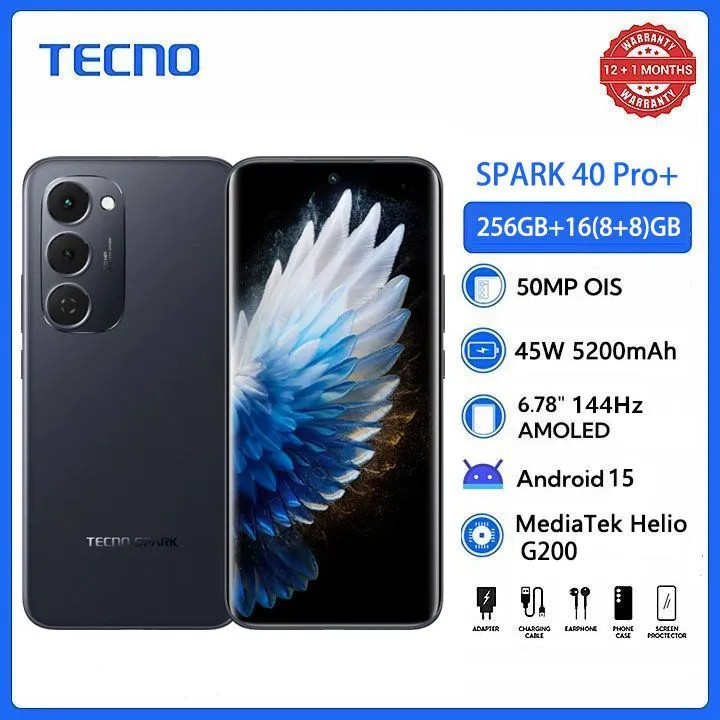 [New Arrials] TECNO SPARK 40 Pro+ 256GB +16(8+8)GB 6.78" 120Hz Phone Dynamic Port 50MP Stereo Speaker 5200mAh 45W Type-C Dual SIM 4G Under Display Fingerprint SPARK 40 Pro Plus IP64 Smart Phones