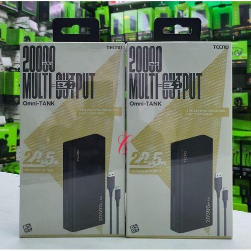 Tecno TPB-P204Q, 20000mAh LED Display, 22.5W Fast Charging Power Bank,2 BUILD-IN CABLES & 3 PORTS.