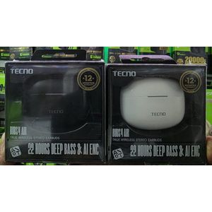 Tecno Buds 4 Air BD04 TWS Earbuds, 320 mAh, Up To 22 Hours Playtime, Enhanced Bass, TouchControl - Black