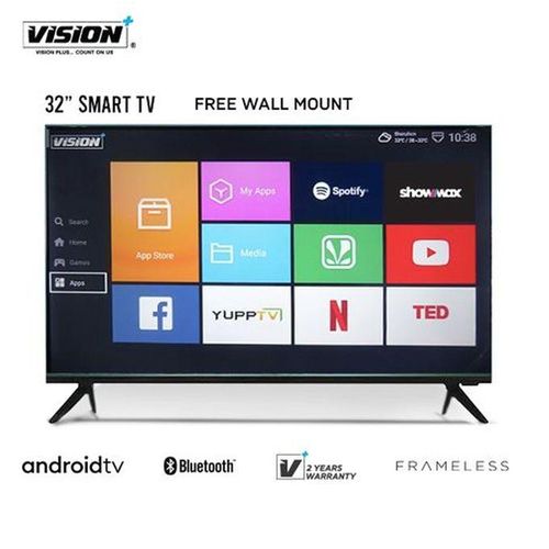 Vision Plus 43 Inch, BLUETOOTH, FRAMELESS, SMART ANDROID TV.SUPER CLEAR PICTURES AND VIDEOS. EASY TO INSTALL AND OPERATE. FREE POWER EXTENSION