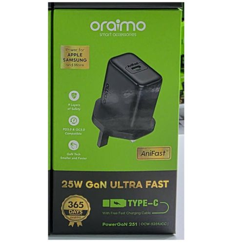 Oraimo 25W PoweGan 251 Ultra Fast Type C Wall charger with Type C to C cable