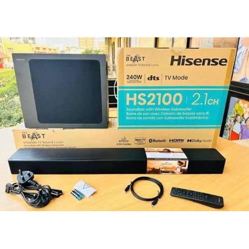 Hisense HS2100 2.1 Soundbar Home Theatre System with Wireless Subwoofer, 240W, Dolby Audio.Has got a superb deeper bass system with pure output crarity surrounding sound .