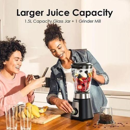 Oraimo Smart Blender 1.5L Large Capacity Glass Jar + 1 Grinder Mill 2 Speeds Control Blender Ice Crushing Functionality Easy to Clean 500W Countertop Blender
