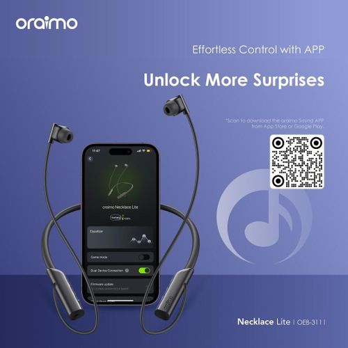 Oraimo Et Gcl Necklace Lite, Wireless Neckband Headphones With Call Vibration, Dual Device Connection, Noise Reduction & IPX4 Waterproof Design