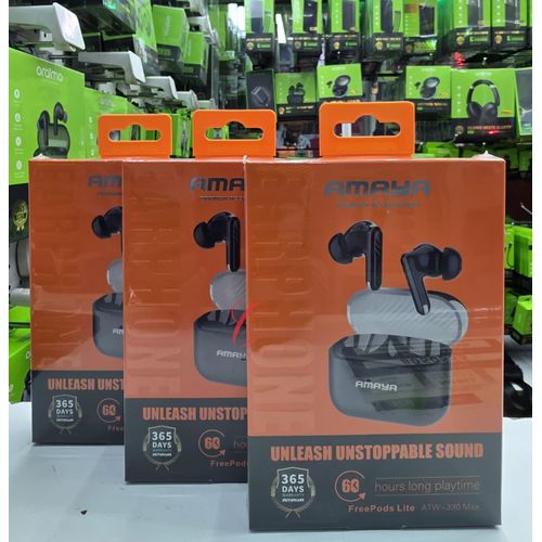 Amaya Freepods Lite ATW-330 Max Wireless Bluetooth Earbuds with 60 Hours Long Playtime, Deep Bass Stereo Sound, Touch Control, Stable Connection, Fast Charging Case, Comfortable Fit, Original Amaya