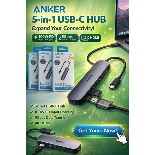 Anker 5-in-1 USB-C Hub with 4K HDMI – Multiport Adapter with HDMI Output, USB 3.0 Ports, Power Delivery Charging Port, High-Speed Data Transfer Docking Station for MacBook, Windows Laptop, Tablets & S