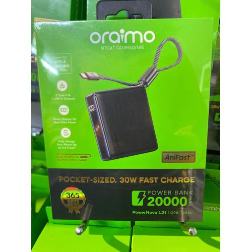 Oraimo Power Nova L21 20,000mAh Power Bank | High Capacity Fast Charging Power Bank | Dual Output USB & Type-C PD Portable Battery Pack | LED Display External Charger | Smart Safety Protection for And