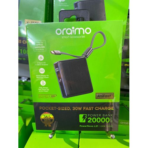 Oraimo Power Nova L21 20,000mAh Power Bank | High Capacity Fast Charging Power Bank | Dual Output USB & Type-C PD Portable Battery Pack | LED Display External Charger | Smart Safety Protection for And