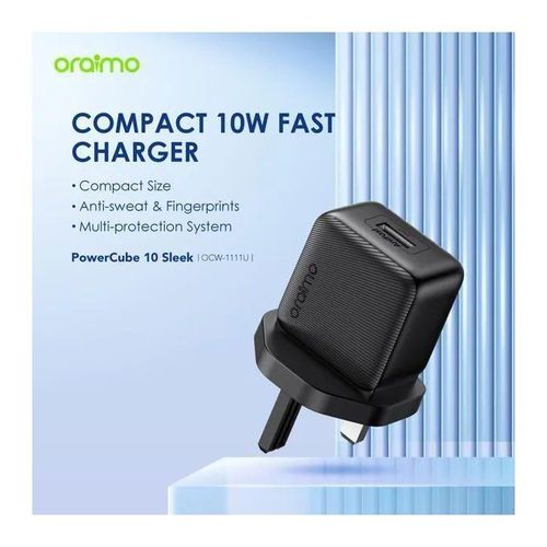 Oraimo PowerCube 10 Fast Charger 10W Wall USB Charger with Type-C Cable, Compact Portable UK Plug, Overcharge & Short-Circuit Protection, Universal Compatibility for Smartphones & Devices