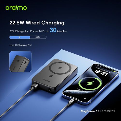 Oraimo MagPower 15 10000mAh Magnetic Wireless Power Bank 15W Fast Charging Portable Charger with Type-C PD Output Strong Magnetic Snap Battery Pack for iPhone Android
