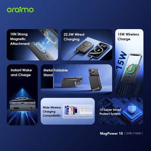 Oraimo MagPower 15 10000mAh Magnetic Wireless Power Bank 15W Fast Charging Portable Charger with Type-C PD Output Strong Magnetic Snap Battery Pack for iPhone Android