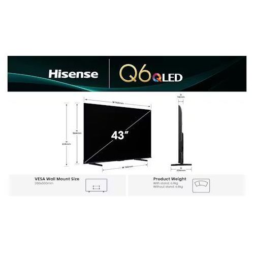 Hisense 43 Inch Q6QKEN 4K UHD QLED Smart TV | VIDAA Smart OS with Netflix, YouTube & Prime Video | Dolby Audio HDR Smart Television | Built-in WiFi Screen Mirroring Slim Smart TV