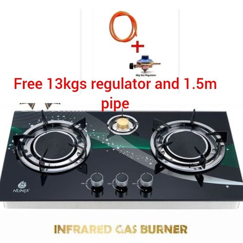 Nunix GP-004 Infrared 3 Burner Gas Cooker, Glass Top Tabletop Cooker, Auto Ignition, Energy Saving Double Swirl Burners, Stainless Steel Gas Stove Kenya