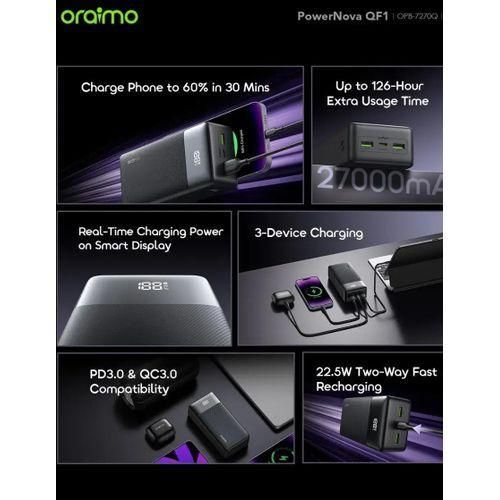 Oraimo PowerNova QF1 27000mAh Power Bank, 22.5W Fast Charging, USB-C PD, Smart Digital Display, Multi-Device Charging Portable Charger Kenya