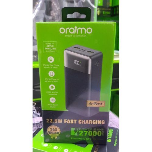 Oraimo PowerNova QF1 27000mAh Power Bank, 22.5W Fast Charging, USB-C PD, Smart Digital Display, Multi-Device Charging Portable Charger Kenya