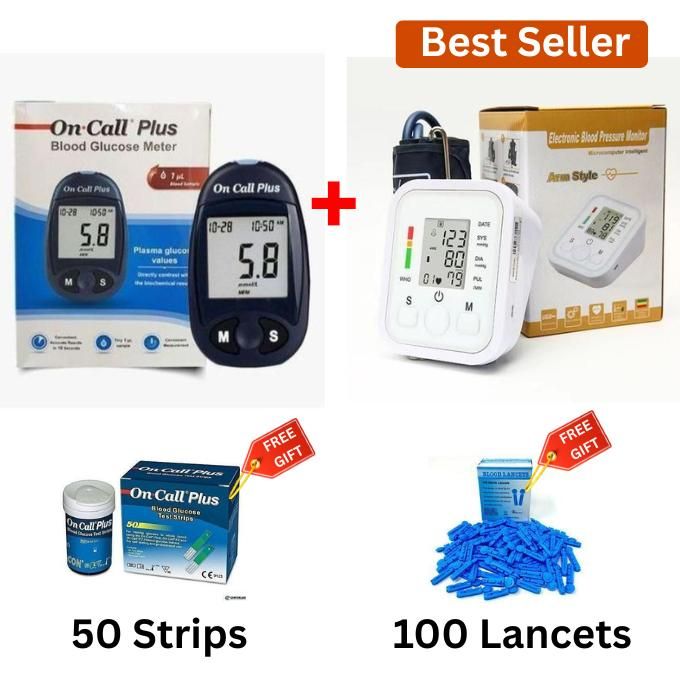 ORIGINAL Glucometer Blood Glucose Monitor Kit for Home Use, Accurate Blood Sugar Testing with FREE 50 Test Strips and 100 Lancets + Automatic Digital Blood Pressure Monitor for Upper Arm, BP Measurin