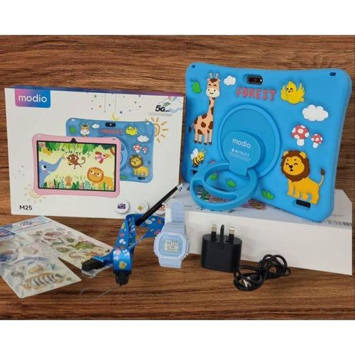 Modio M25 6GB RAM 256GB ROM Kids' Android Tablet 10.1 Inches, Dual Camera, Sim Card Support + Wi-Fi + Free Gift Set - Blue