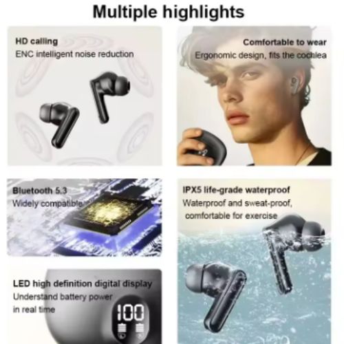Wireless Headphones LED Power Earphones Digital Display Bluetooth 5.3 ENC Earbuds Earpods