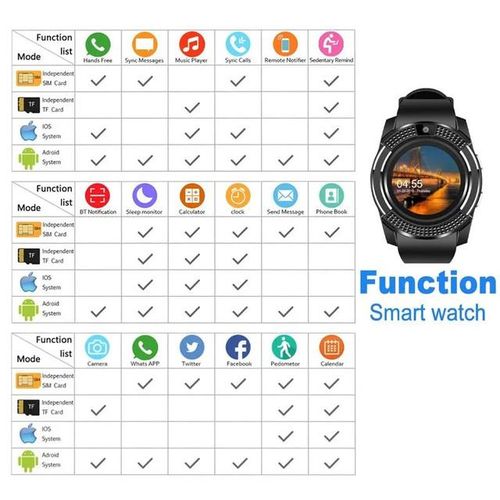 V8 Smartwatch Touch Screen With Audio Control/SIM Card Slot - Black