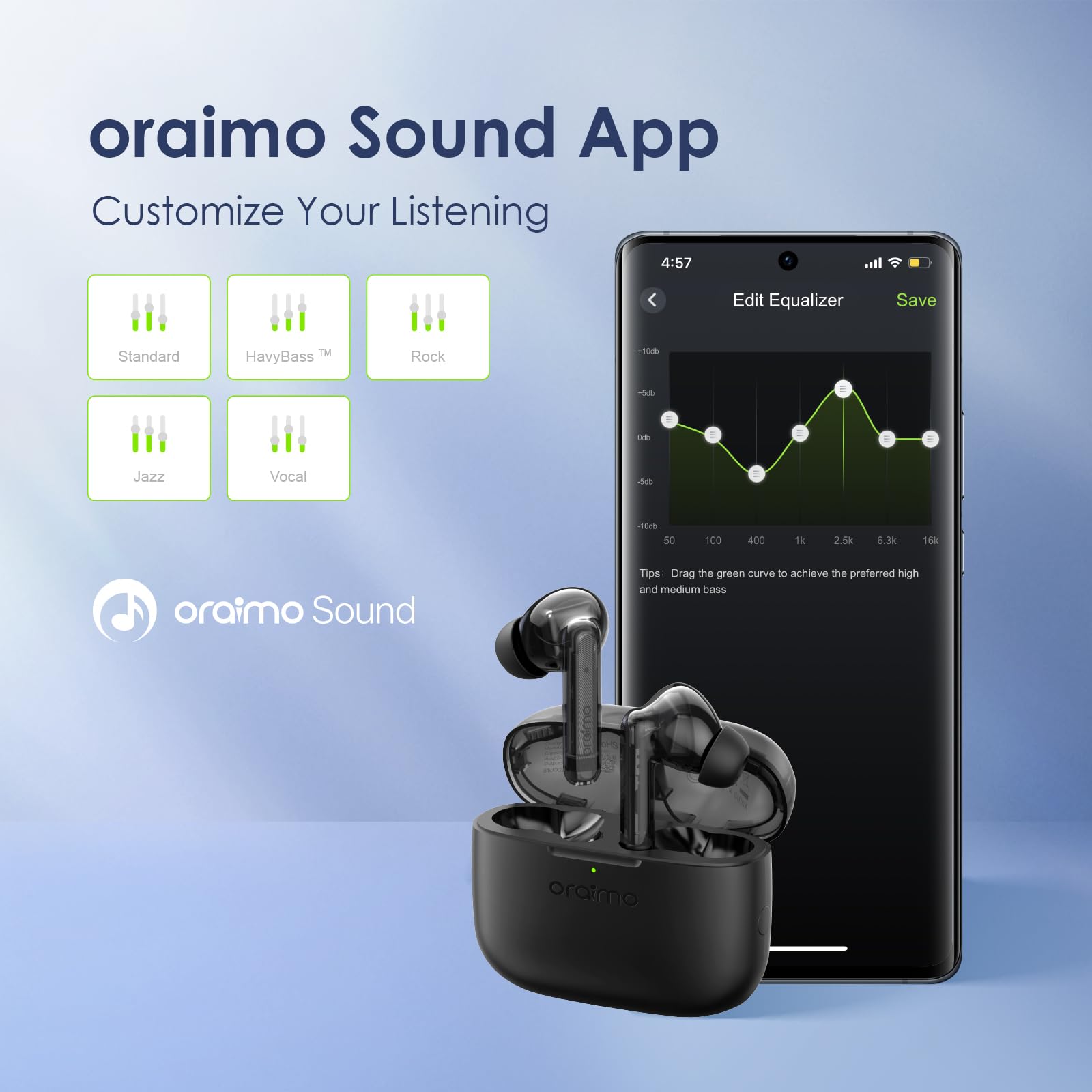 Oraimo FreePods Lite Bluetooth Earphones, 10mm Drivers with Big Bass True Wireless Earbuds,40H Playtime, 2 Mics for AI Clear Calls, 10mins Fast Charge,Customize EQs via App,Waterproof (Black)
