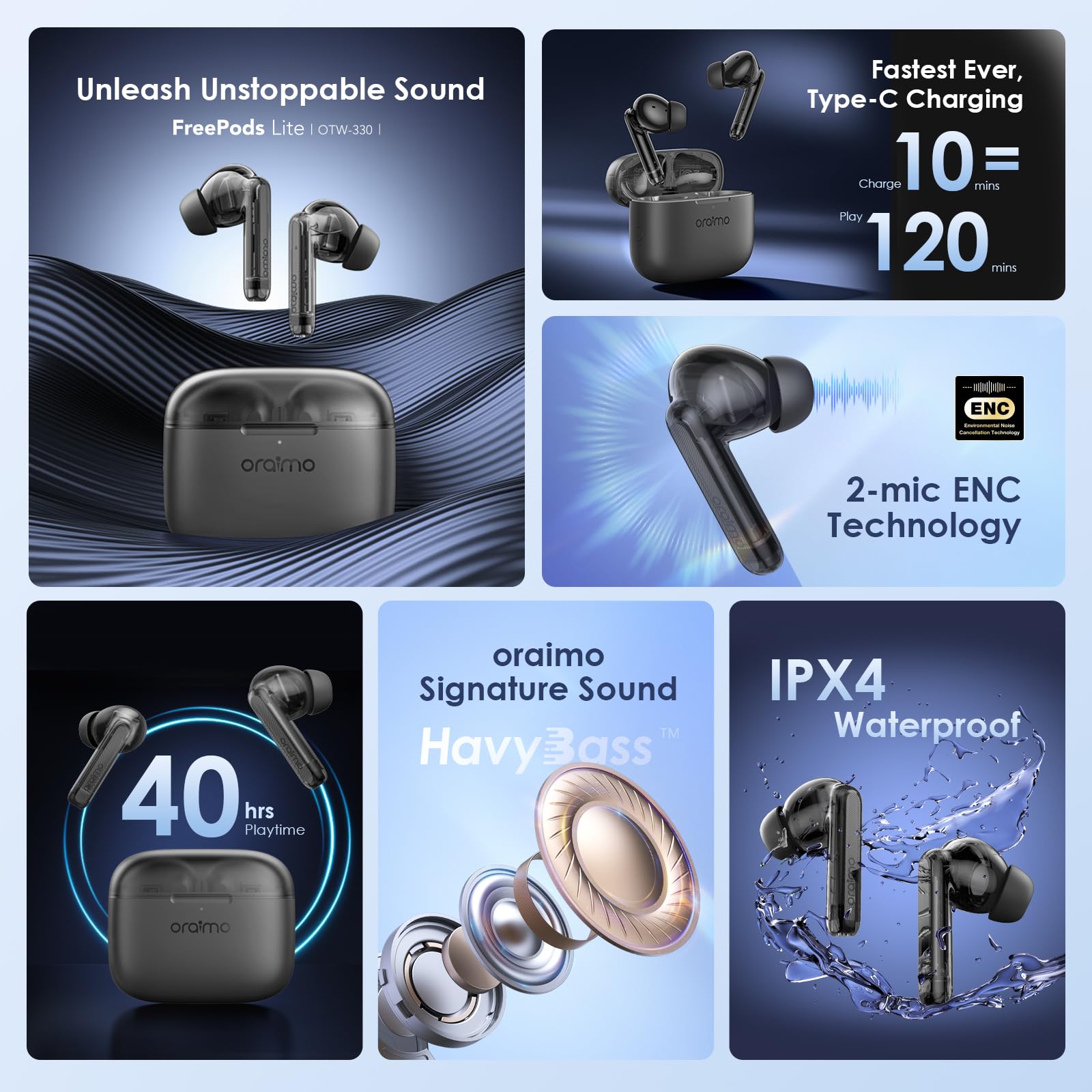 Oraimo FreePods Lite Bluetooth Earphones, 10mm Drivers with Big Bass True Wireless Earbuds,40H Playtime, 2 Mics for AI Clear Calls, 10mins Fast Charge,Customize EQs via App,Waterproof (Black)