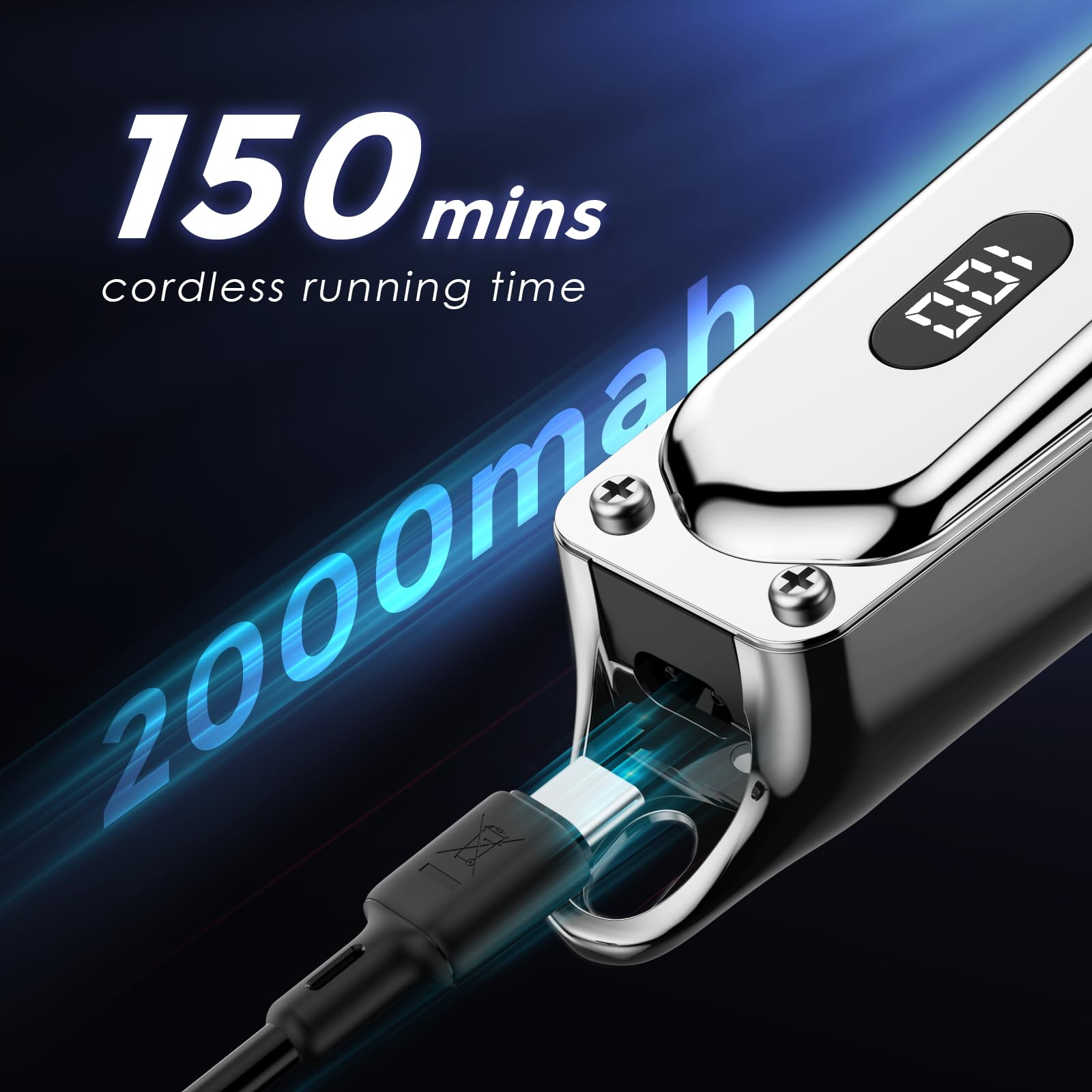 Oraimo Mens Hair Clipper Cordless Rechargeable Clippers Hair Trimmer For Men Professional Barbers Grooming Kit,150-Min Working Time With Led Display (Silver), Battery Powered