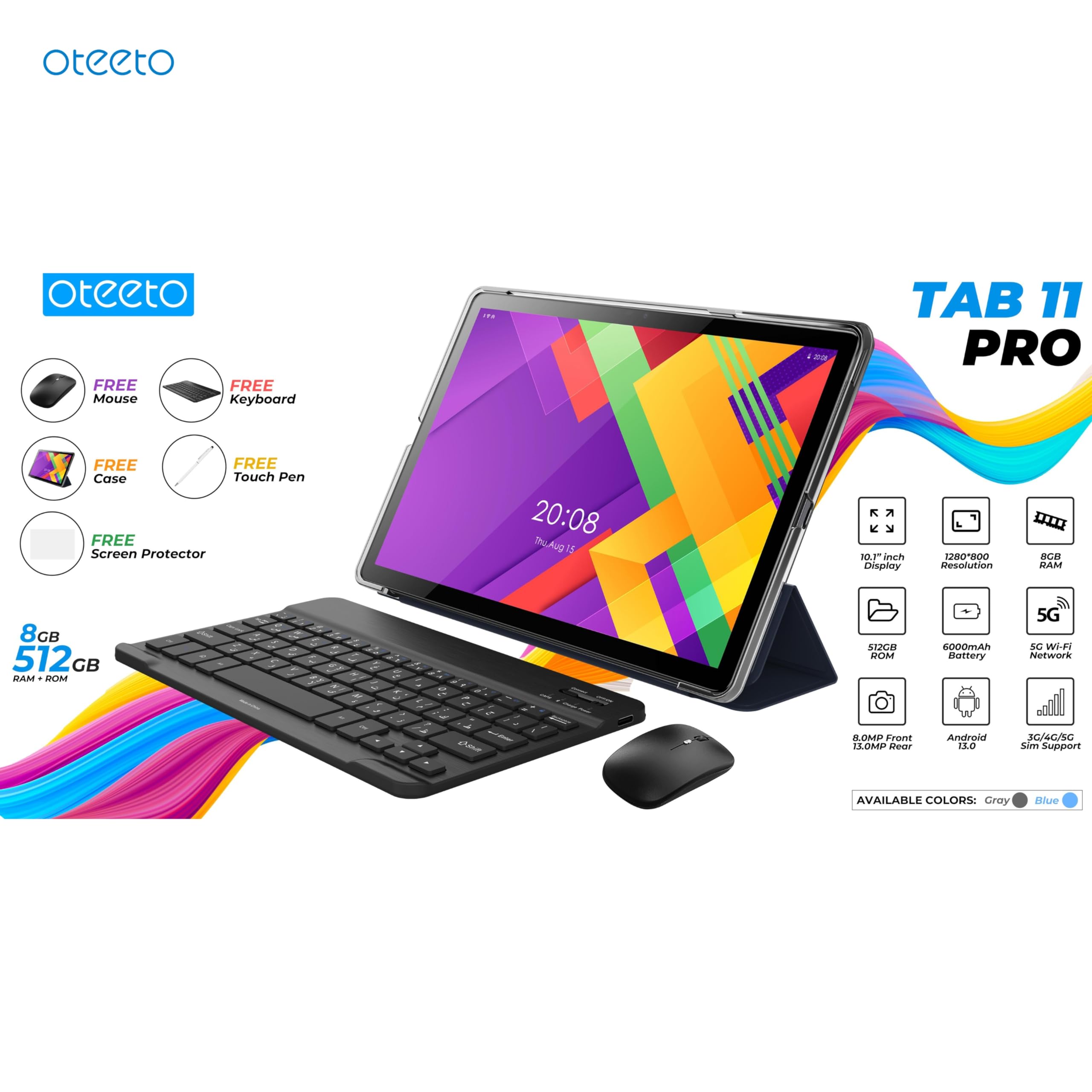 Oteeto TAB 11 Pro Tablet/10.1 Inch IPS LCD/8GB RAM + 512 GB ROM/5G Network/6000 mAh/8MP Front + 13MP Rear Camera/Octa Core 1.3GHz/Android 13/Includes Keyboard,Touch Pen,Mouse (Gray)