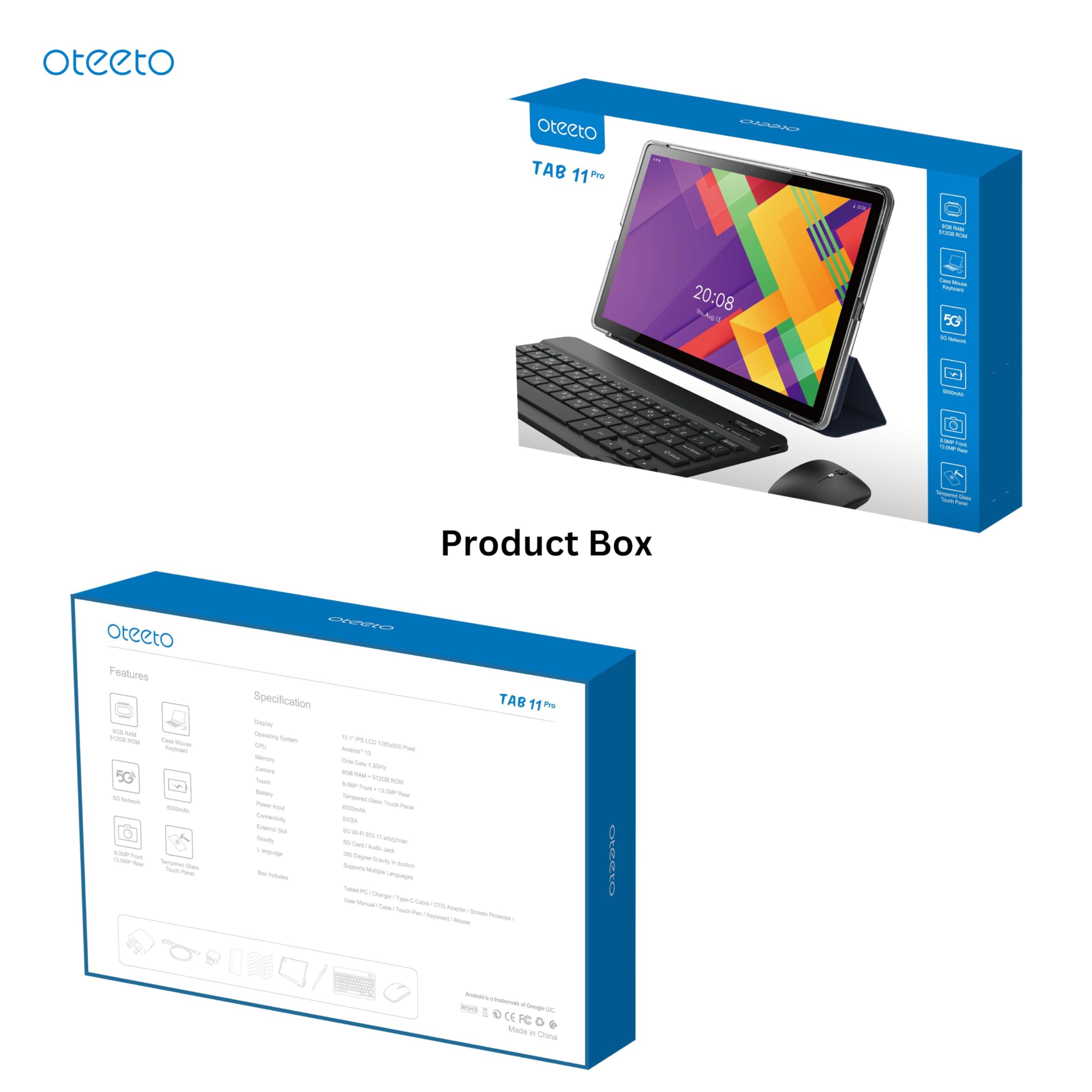 Oteeto TAB 11 Pro Tablet/10.1 Inch IPS LCD/8GB RAM + 512 GB ROM/5G Network/6000 mAh/8MP Front + 13MP Rear Camera/Octa Core 1.3GHz/Android 13/Includes Keyboard,Touch Pen,Mouse (Blue)