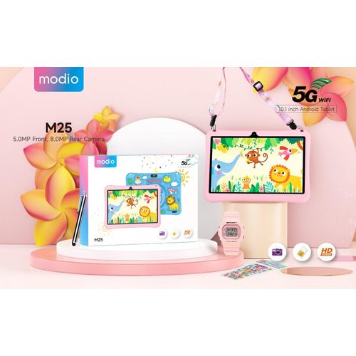 Modio M25 Kids tablet Pc, Android 8GB RAM 512GB ROM Virtual storage10.1 Inches Sim card support, WIFI, Dual camera with free gifts - Pink