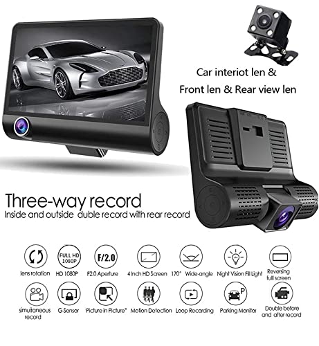 3 in 1 Full HD Car Dashboard Camera with 4 Inch Display, G-Sensor Motion Detection,Loop Recording & Night Vision