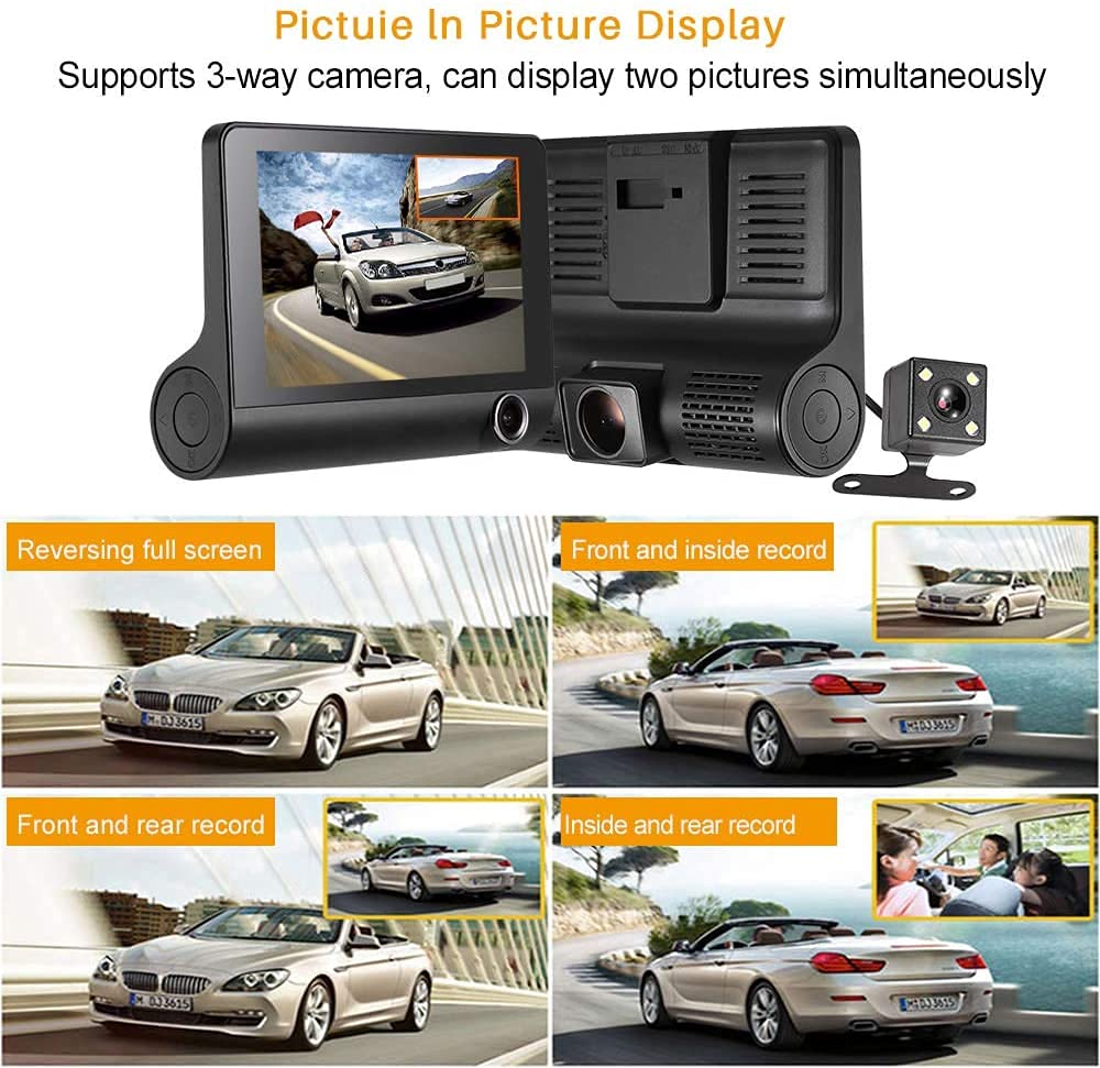 3 in 1 Full HD Car Dashboard Camera with 4 Inch Display, G-Sensor Motion Detection,Loop Recording & Night Vision
