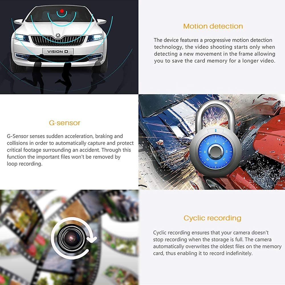 3 in 1 Full HD Car Dashboard Camera with 4 Inch Display, G-Sensor Motion Detection,Loop Recording & Night Vision