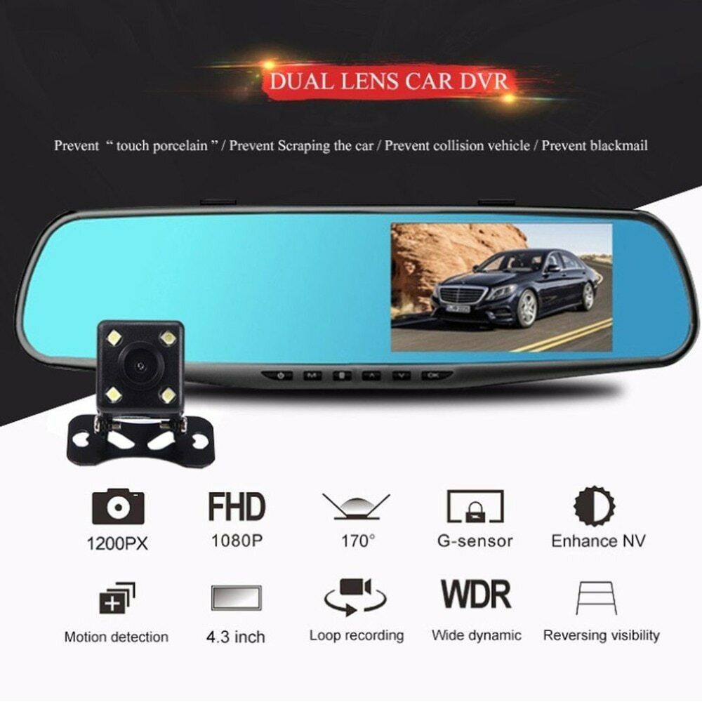 Car Video Recorder Full HD 1080P Car Video Camera Dual Lens for Vehicles Front & Rearview Mirror Car DVR Dash Cam Reverse Parking System Rear Cam LED Night Vision & Waterproof
